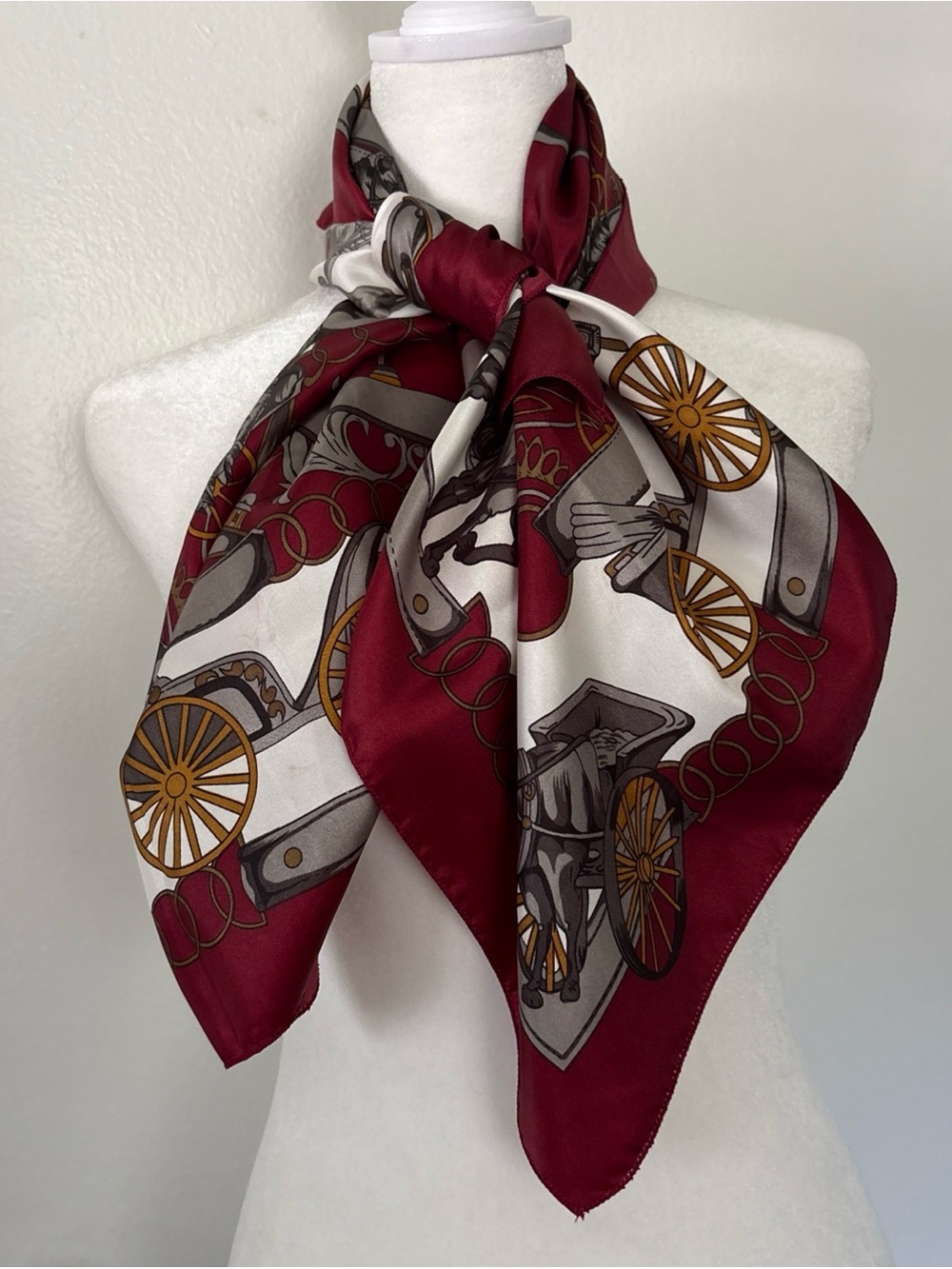 Classic Burgundy & Cream Carriage-Print Silk-Feel Scarf